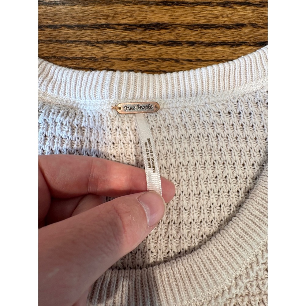 Free People Cold Shoulder Waffle Knit Sweater Cream Frayed Hem Cotton Top